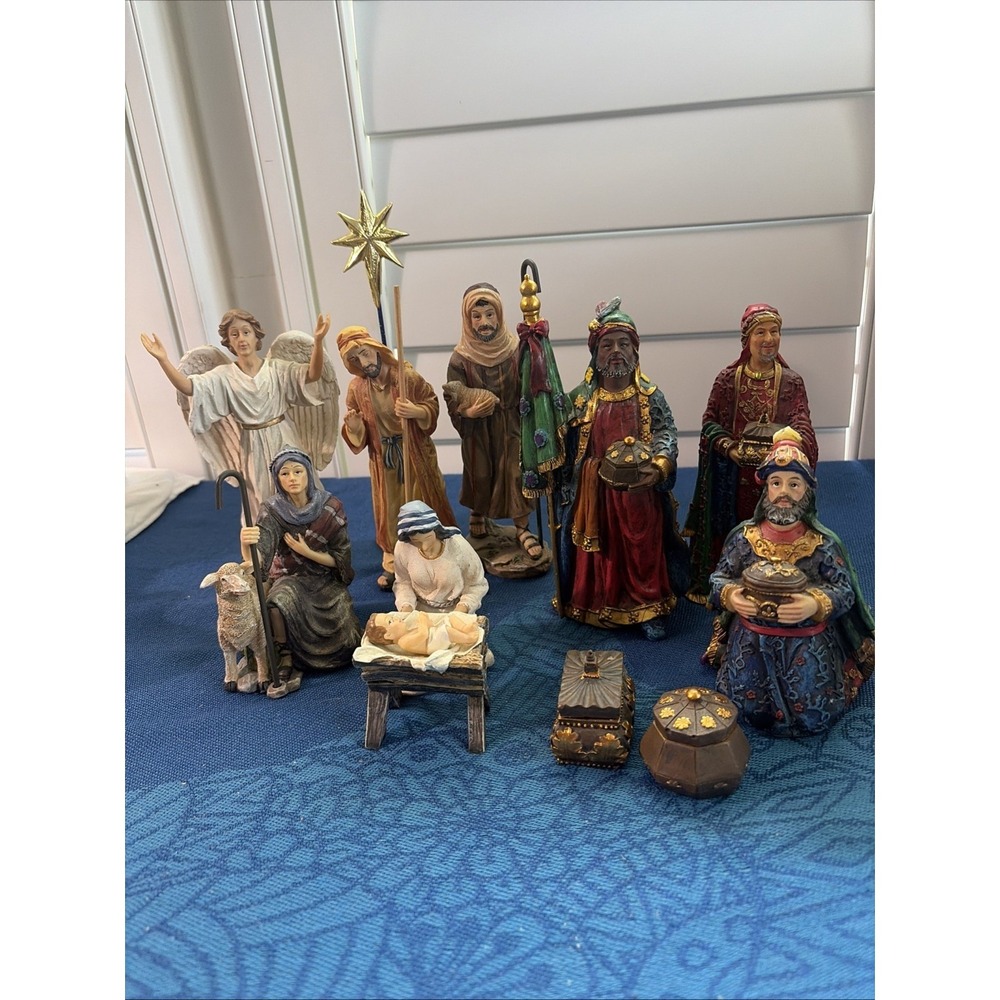 The Real Life 13 pc. Nativity Set by Three Kings Gifts 7" Holy Family 23K Gold